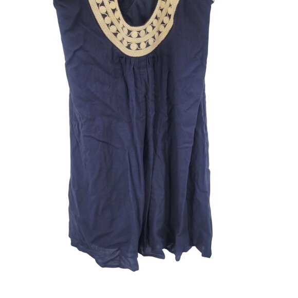 THML Navy Blue Sleeveless Swing Dress Sz L Embroidered V-Neck Cutout Back Rayon - Picture 8 of 9